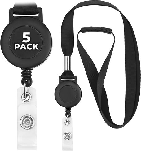 Mifflin - Lanyards with Retractable Badge Reels - 16.5" Loop, 5 Pack - Flat Safety Breakaway Lanyard with Heavy Duty Extendable Wire Clip and Snap Strap for Badges, ID Cards, Name Tag Holders, Keys in Saudi Arabia