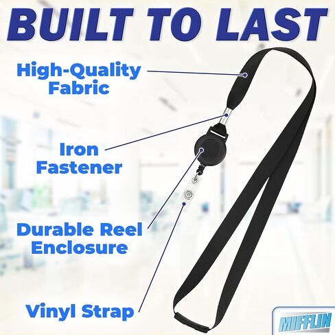 Mifflin - Lanyards with Retractable Badge Reels - 16.5" Loop, 5 Pack - Flat Safety Breakaway Lanyard with Heavy Duty Extendable Wire Clip and Snap Strap for Badges, ID Cards, Name Tag Holders, Keys in Saudi Arabia