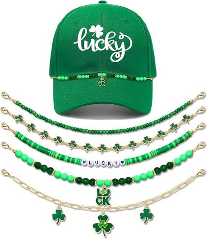 St.Patrick's Day Trucker Hat Chain for Women Green Luck Shamrock Hat Charms Chain Beaded Green Leaf Hat Decorations Irish Hat Accessories St.Patrick's Day Outfit Party Favor in Kuwait