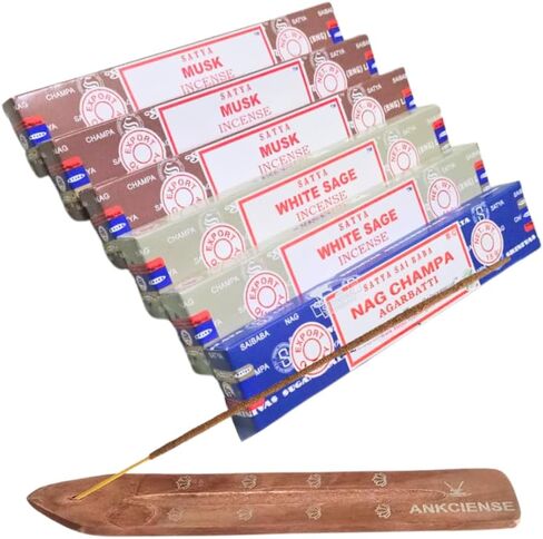 Satya Musk, White Sage & Nag Champa with ANKCIENSE Incense Holder Pack of 3 fragrances Variety Pack of 90 Sticks Satya Nagchampa Natural Incense Insense Insence in Kuwait