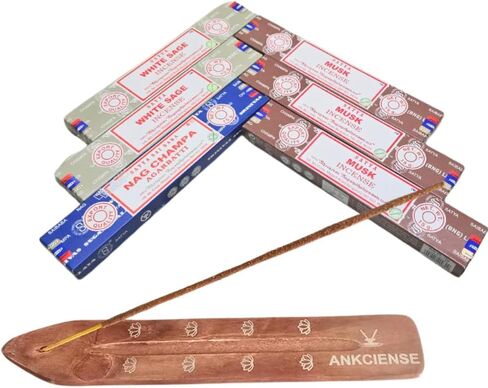 Satya Musk, White Sage & Nag Champa with ANKCIENSE Incense Holder Pack of 3 fragrances Variety Pack of 90 Sticks Satya Nagchampa Natural Incense Insense Insence in Kuwait