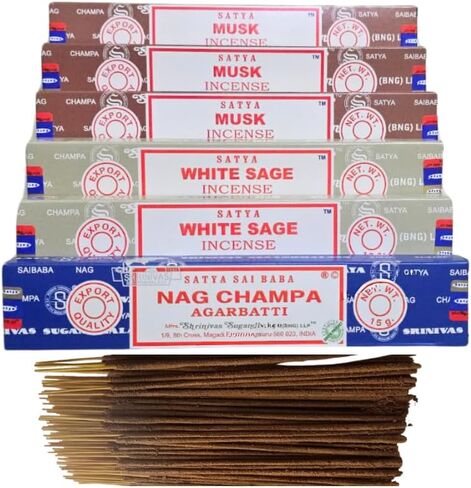 Satya Musk, White Sage & Nag Champa with ANKCIENSE Incense Holder Pack of 3 fragrances Variety Pack of 90 Sticks Satya Nagchampa Natural Incense Insense Insence in Kuwait