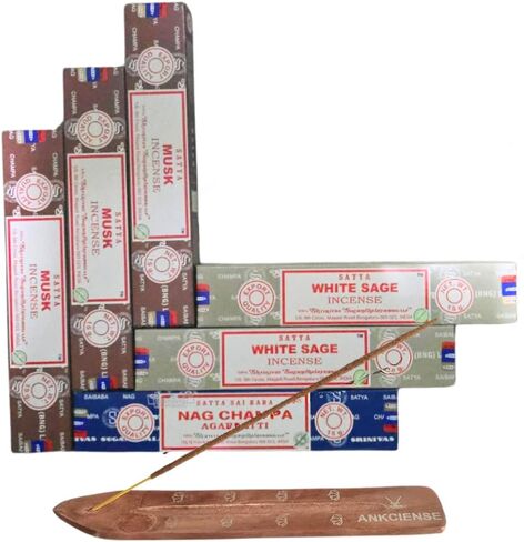 Satya Musk, White Sage & Nag Champa with ANKCIENSE Incense Holder Pack of 3 fragrances Variety Pack of 90 Sticks Satya Nagchampa Natural Incense Insense Insence in Kuwait