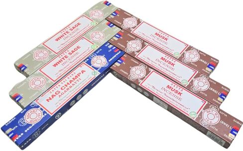 Satya Musk, White Sage & Nag Champa with ANKCIENSE Incense Holder Pack of 3 fragrances Variety Pack of 90 Sticks Satya Nagchampa Natural Incense Insense Insence in Kuwait
