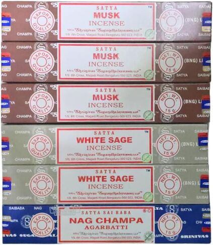 Satya Musk, White Sage & Nag Champa with ANKCIENSE Incense Holder Pack of 3 fragrances Variety Pack of 90 Sticks Satya Nagchampa Natural Incense Insense Insence in Kuwait