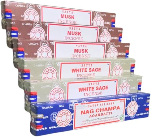 Satya Musk, White Sage & Nag Champa with ANKCIENSE Incense Holder Pack of 3 fragrances Variety Pack of 90 Sticks Satya Nagchampa Natural Incense Insense Insence in Kuwait