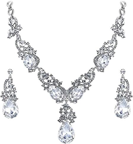Secret for Longevity Silver Tone Antique Style Art Deco Clear Crystal Rhinestone Statement Wedding Bridal Prom Chunky Statement Earrings Necklace Gift Set in Saudi Arabia