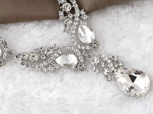 Secret for Longevity Silver Tone Antique Style Art Deco Clear Crystal Rhinestone Statement Wedding Bridal Prom Chunky Statement Earrings Necklace Gift Set in Saudi Arabia