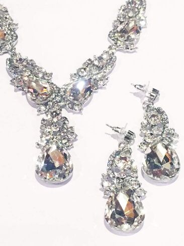 Secret for Longevity Silver Tone Antique Style Art Deco Clear Crystal Rhinestone Statement Wedding Bridal Prom Chunky Statement Earrings Necklace Gift Set in Saudi Arabia