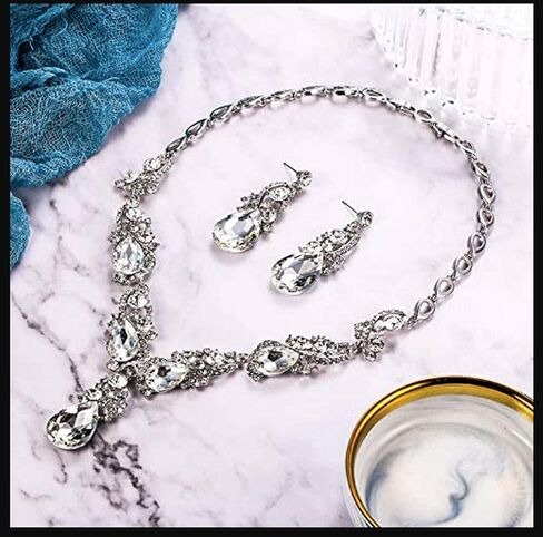 Secret for Longevity Silver Tone Antique Style Art Deco Clear Crystal Rhinestone Statement Wedding Bridal Prom Chunky Statement Earrings Necklace Gift Set in Saudi Arabia