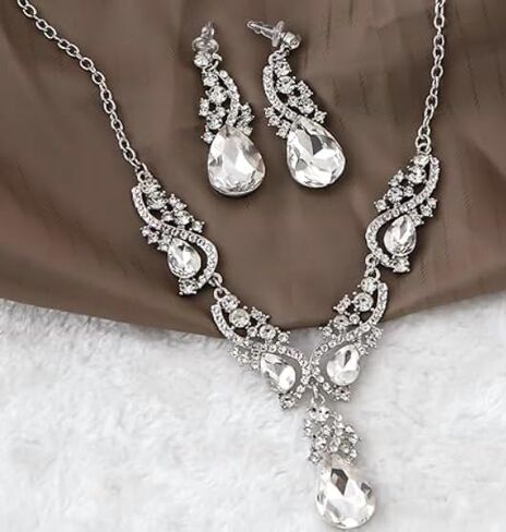 Secret for Longevity Silver Tone Antique Style Art Deco Clear Crystal Rhinestone Statement Wedding Bridal Prom Chunky Statement Earrings Necklace Gift Set in Saudi Arabia