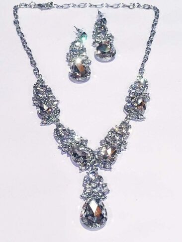 Secret for Longevity Silver Tone Antique Style Art Deco Clear Crystal Rhinestone Statement Wedding Bridal Prom Chunky Statement Earrings Necklace Gift Set in Saudi Arabia