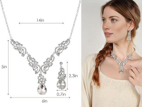 Secret for Longevity Silver Tone Antique Style Art Deco Clear Crystal Rhinestone Statement Wedding Bridal Prom Chunky Statement Earrings Necklace Gift Set in Saudi Arabia