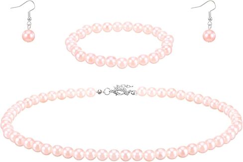 3 Pcs 8mm Pearl Set Jewelry for Women Includes Pink Pearl Necklaces Bracelets Earrings, Pearls Necklaces for Women for Occasions Such as Weddings, Birthdays, Valentine'S Day and Christmas in Kuwait