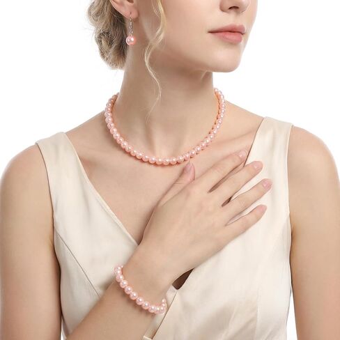 3 Pcs 8mm Pearl Set Jewelry for Women Includes Pink Pearl Necklaces Bracelets Earrings, Pearls Necklaces for Women for Occasions Such as Weddings, Birthdays, Valentine'S Day and Christmas in Kuwait
