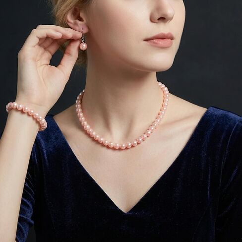 3 Pcs 8mm Pearl Set Jewelry for Women Includes Pink Pearl Necklaces Bracelets Earrings, Pearls Necklaces for Women for Occasions Such as Weddings, Birthdays, Valentine'S Day and Christmas in Kuwait