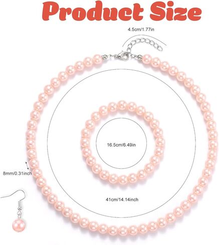 3 Pcs 8mm Pearl Set Jewelry for Women Includes Pink Pearl Necklaces Bracelets Earrings, Pearls Necklaces for Women for Occasions Such as Weddings, Birthdays, Valentine'S Day and Christmas in Kuwait