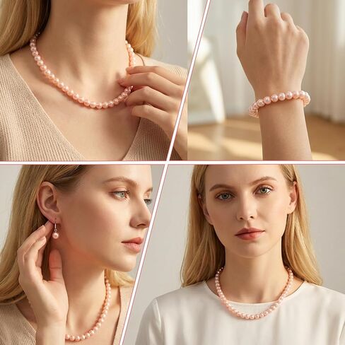 3 Pcs 8mm Pearl Set Jewelry for Women Includes Pink Pearl Necklaces Bracelets Earrings, Pearls Necklaces for Women for Occasions Such as Weddings, Birthdays, Valentine'S Day and Christmas in Kuwait