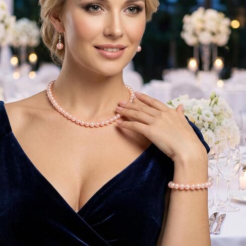 3 Pcs 8mm Pearl Set Jewelry for Women Includes Pink Pearl Necklaces Bracelets Earrings, Pearls Necklaces for Women for Occasions Such as Weddings, Birthdays, Valentine'S Day and Christmas in Kuwait