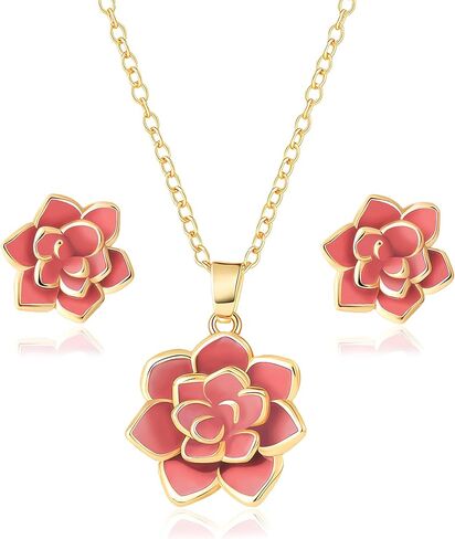 EVEVIC Lotus Flower Necklace Earrings Set for Women 14K Gold Plated Hypoallergenic Jewelry Sets in Saudi Arabia