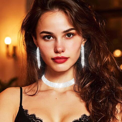 مجموعة مجوهرات قلادة واسعة من حجر الراين من نيكوت، مجموعة أقراط فضية وقلادة كريستالية لحفلات الزفاف للنساء in Saudi Arabia