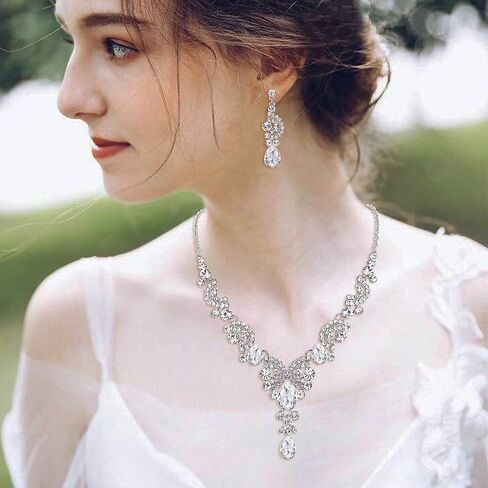 EVER FAITH Women's Austrian Crystal Bridal Art Deco Floral Wave Teardrop Necklace Earrings Elastic Stretch Bracelet Jewelry Set Clear Silver-Tone in Saudi Arabia