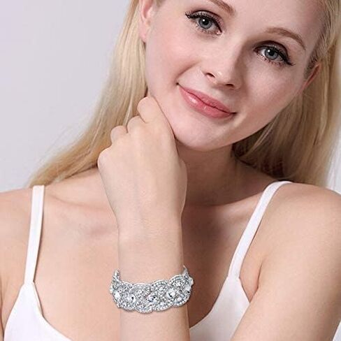 EVER FAITH Women's Austrian Crystal Bridal Art Deco Floral Wave Teardrop Necklace Earrings Elastic Stretch Bracelet Jewelry Set Clear Silver-Tone in Saudi Arabia