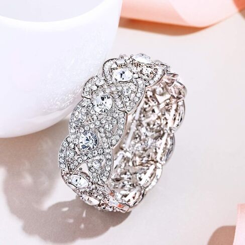 EVER FAITH Women's Austrian Crystal Bridal Art Deco Floral Wave Teardrop Necklace Earrings Elastic Stretch Bracelet Jewelry Set Clear Silver-Tone in Saudi Arabia
