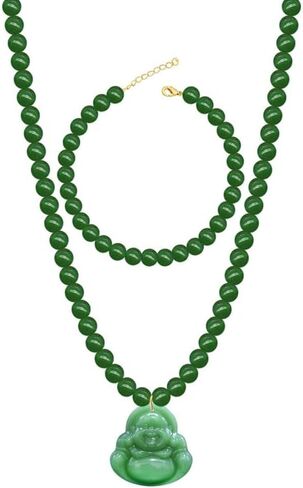 Green Jade Beaded Long Necklace and Bracelet Jewelry Set with 14K Gold Pendant For Women in Saudi Arabia