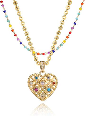 Valloey Rover Beach Neckalce for Women, 14K Gold Plated Charm CZ Layered Heart Pendant Necklace Cute Boho Beaded Colorful Choker Layering Necklaces Dainty Gold Summer Beach Necklace Jewelry Set Gifts for Women in Saudi Arabia