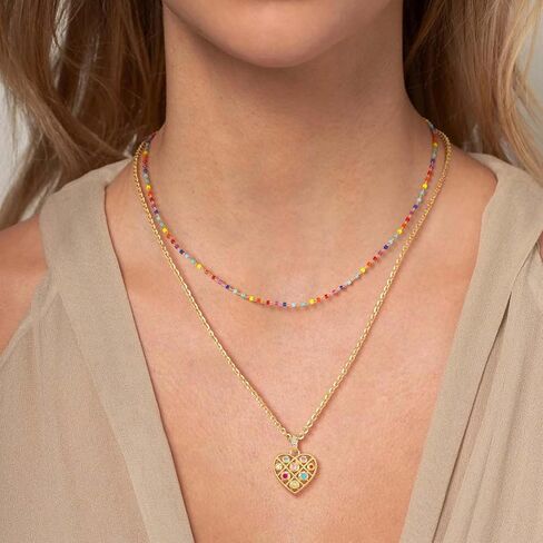 Valloey Rover Beach Neckalce for Women, 14K Gold Plated Charm CZ Layered Heart Pendant Necklace Cute Boho Beaded Colorful Choker Layering Necklaces Dainty Gold Summer Beach Necklace Jewelry Set Gifts for Women in Saudi Arabia