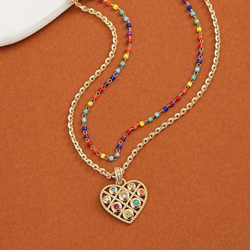 Valloey Rover Beach Neckalce for Women, 14K Gold Plated Charm CZ Layered Heart Pendant Necklace Cute Boho Beaded Colorful Choker Layering Necklaces Dainty Gold Summer Beach Necklace Jewelry Set Gifts for Women in Saudi Arabia