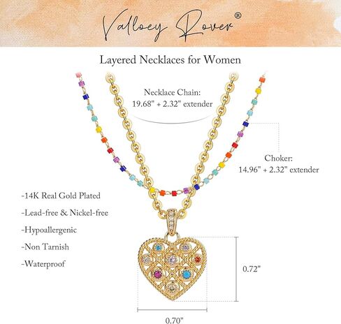 Valloey Rover Beach Neckalce for Women, 14K Gold Plated Charm CZ Layered Heart Pendant Necklace Cute Boho Beaded Colorful Choker Layering Necklaces Dainty Gold Summer Beach Necklace Jewelry Set Gifts for Women in Saudi Arabia