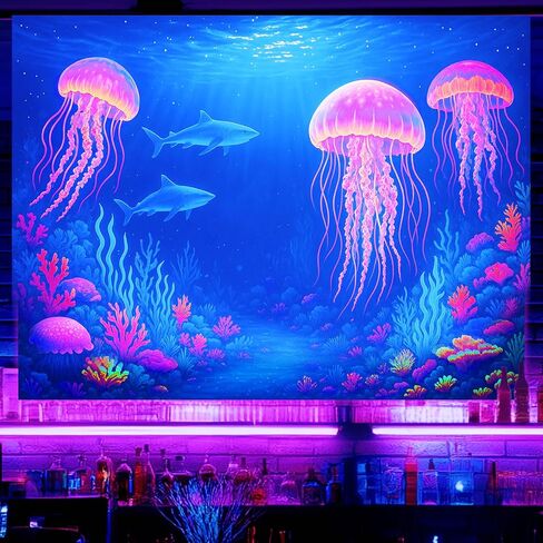 BlissYard Neon Astronaut Shark Black Light Tapestry UV Reactive Psychedelic Underwater Galaxy Wall Hanging for Living Room Bedroom Dorm Room Bar Party Decor 78x59 Inch in Saudi Arabia