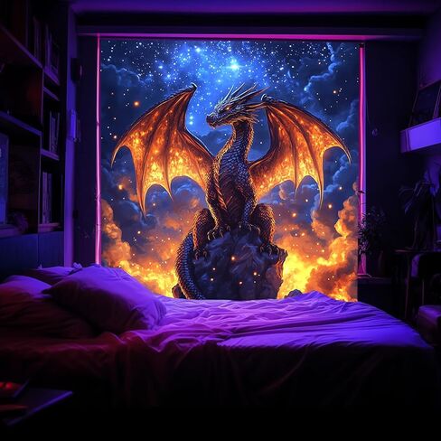 بلاكلايت التنين نسيج الخيال الأشعة فوق البنفسجية القوطية الحيوان الجدار نسيج القرون الوسطى سحر التنين نسيج، بارد الرجال الصبي الفن الجمالي مخدر المفروشات غرفة المعيشة النوم غرفة نوم ديكور المنزل، 30x40in in Kuwait