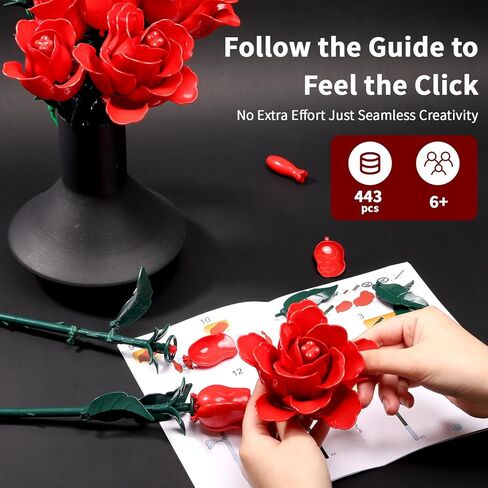 مجموعة بناء باقة زهور الورد الأحمر، مجموعة مجموعة نباتية مكعبات زهور اصطناعية، ديكور طاولة منزلي جمالي لعيد الحب، حرفة يدوية، هدية زهور بدون مزهرية in Kuwait