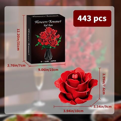مجموعة بناء باقة زهور الورد الأحمر، مجموعة مجموعة نباتية مكعبات زهور اصطناعية، ديكور طاولة منزلي جمالي لعيد الحب، حرفة يدوية، هدية زهور بدون مزهرية in Kuwait