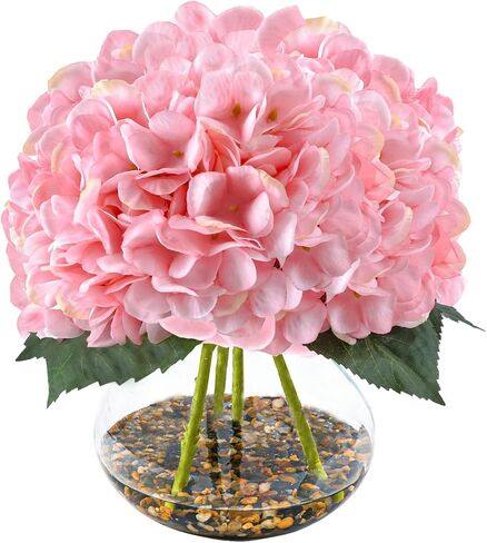 N&T NIETING Artificial Hydrangea Flowers with Vase Pink Silk Fake Flowers Faux Hydrangea Flowers with Faux Water Riverstones for Home Office Table Room Wedding Centerpiece Decorations in Kuwait