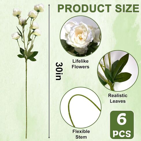 6 Pack 30-inch Long Stem Silk Peonies Artificial Flowers, 42 Realistic Faux Peony Heads for Vase DIY Bouquets Wedding Centerpieces Home Table Decor (White) in Saudi Arabia