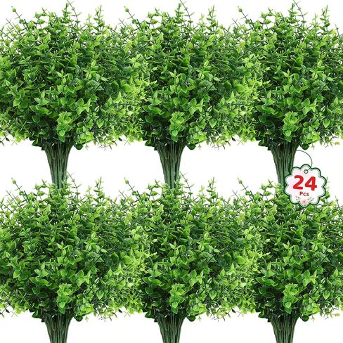 24 حزمة من الزهور الاصطناعية في الهواء الطلق من Roberly، زهور الأوكالبتوس المقاومة للأشعة فوق البنفسجية والشجيرات والنباتات البلاستيكية الخضراء لحديقة الشرفة والنافذة وصندوق المزرعة وديكور المنزل الداخلي، مختلطة in Kuwait