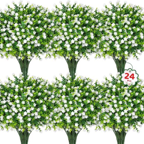 24 حزمة من الزهور الاصطناعية في الهواء الطلق من Roberly، زهور الأوكالبتوس المقاومة للأشعة فوق البنفسجية والشجيرات والنباتات البلاستيكية الخضراء لحديقة الشرفة والنافذة وصندوق المزرعة وديكور المنزل الداخلي، مختلطة in Kuwait