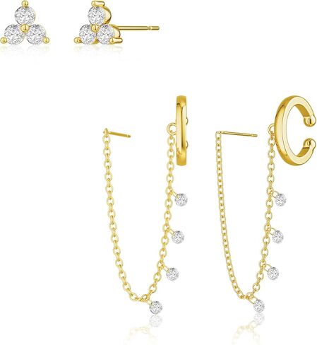 Gold Earrings for Women Trendy, 14K Gold Chain Earrings Hoop Earrings Set for Multiple Piercing Dainty Dangle Huggie Earrings Cartilage Cubic Zirconia Stud Earrings Jewelry Gifts for Women in Kuwait