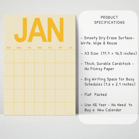 مطبوعات HerZii تقويم حائط قابل للمسح الجاف، مخطط شهري غير مؤرخ قابل لإعادة الاستخدام، مقاس A3 11.7 × 16.5 بوصة، متعدد الألوان، 12 حزمة in Kuwait
