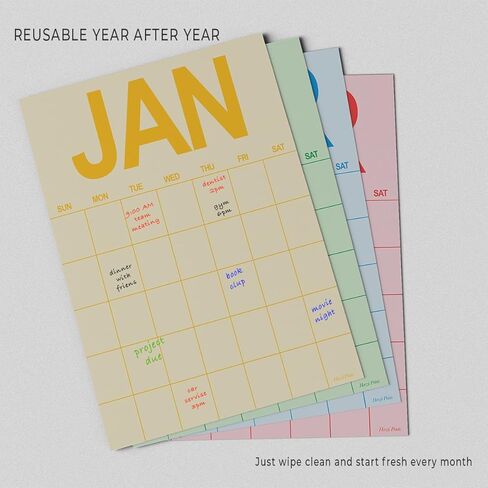 مطبوعات HerZii تقويم حائط قابل للمسح الجاف، مخطط شهري غير مؤرخ قابل لإعادة الاستخدام، مقاس A3 11.7 × 16.5 بوصة، متعدد الألوان، 12 حزمة in Kuwait