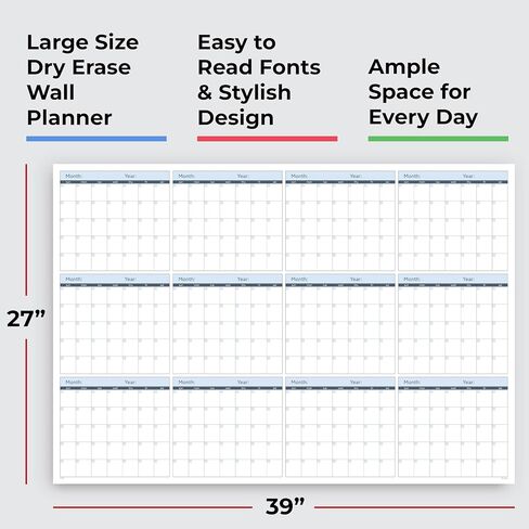 Large Wall Calendar Undated (39 x 27 inches) – Double-Sided Dry Erase Wall Calendar Yearly & Quarterly, Big Erasable Planner for Home, Office, or Classroom, Thick Paper with Gloss Lamination (Rolled). in Kuwait