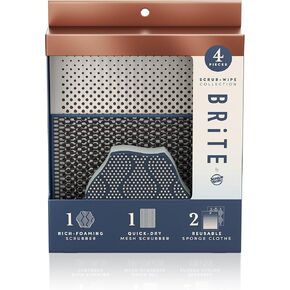 Brite by Scotch-Brite Scrub and Wipe Collection with 1 Rich-Foaming Dish Scrubber, 1 Quick-Dry Mesh Scrubber, and 2 Reusable Sponge Cloths in Kuwait