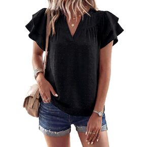 Gaharu Womens Dressy Summer Tops Ruffle Short Sleeve Blouses Casual V Neck Swiss Dot Boho Shirts in Kuwait