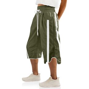 Womens Capri Midi Sweat Pants Wide Leg Baggy Parachute Spring Summer Casual Drawstring Knee Striped Pockets Pant in Saudi Arabia