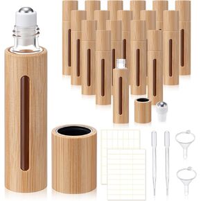 18 Pcs 10ml Bamboo Roll on Bottles for Essential Oils Empty Bottles with Stainless Steel Roller Balls with Funnels, 3ml Droppers and Stickers in Kuwait