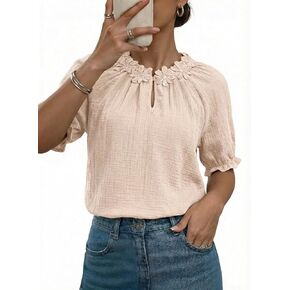 Dokotoo قطع علوية صيفية للنساء قمصان غير رسمية بأكمام قصيرة من الدانتيل ورقبة مستديرة وبلوزات مطرزة بالزهور الصلبة in Kuwait